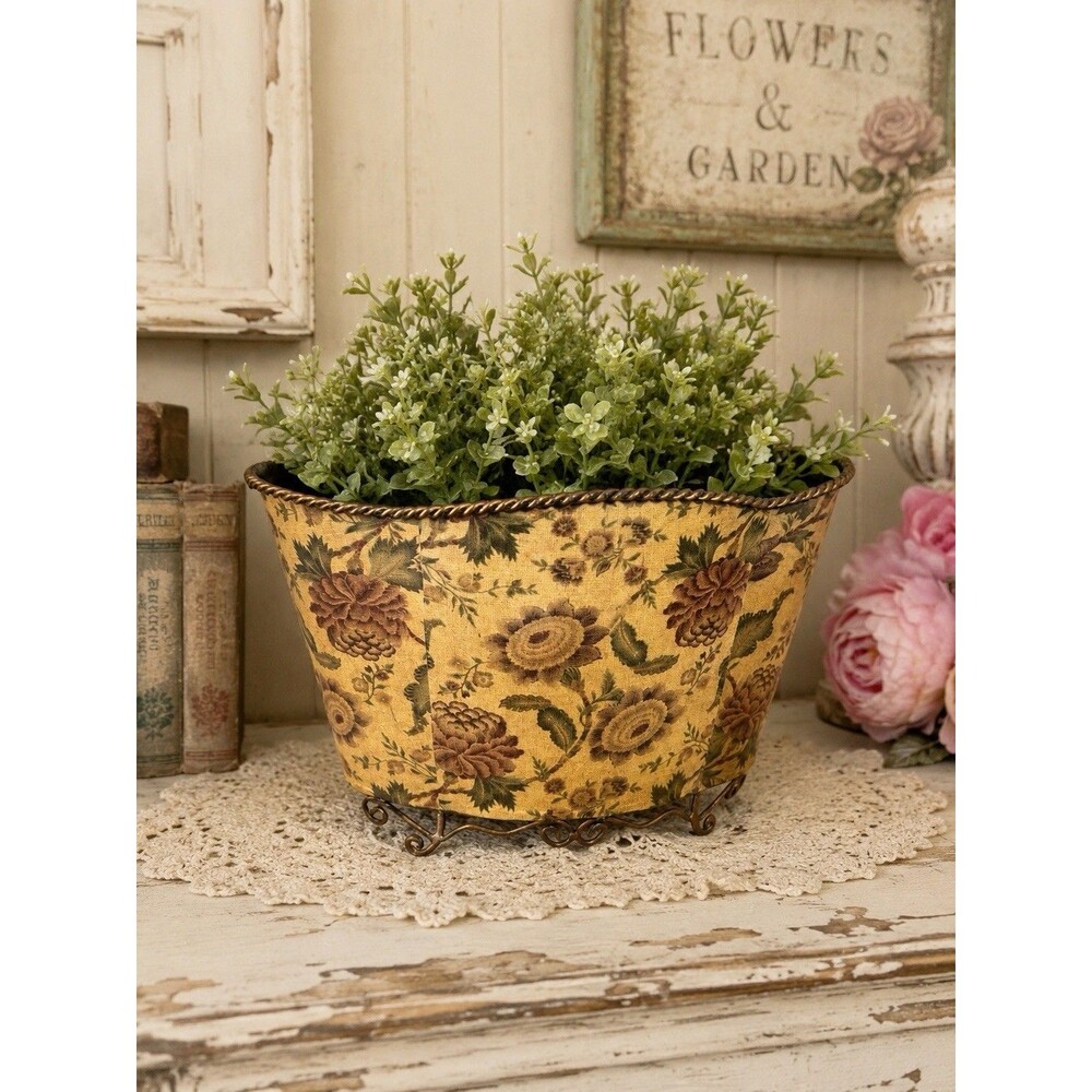 Vintage Floral Metal Basket Planter Organizer Cottage Farmhouse Decor Rustic
